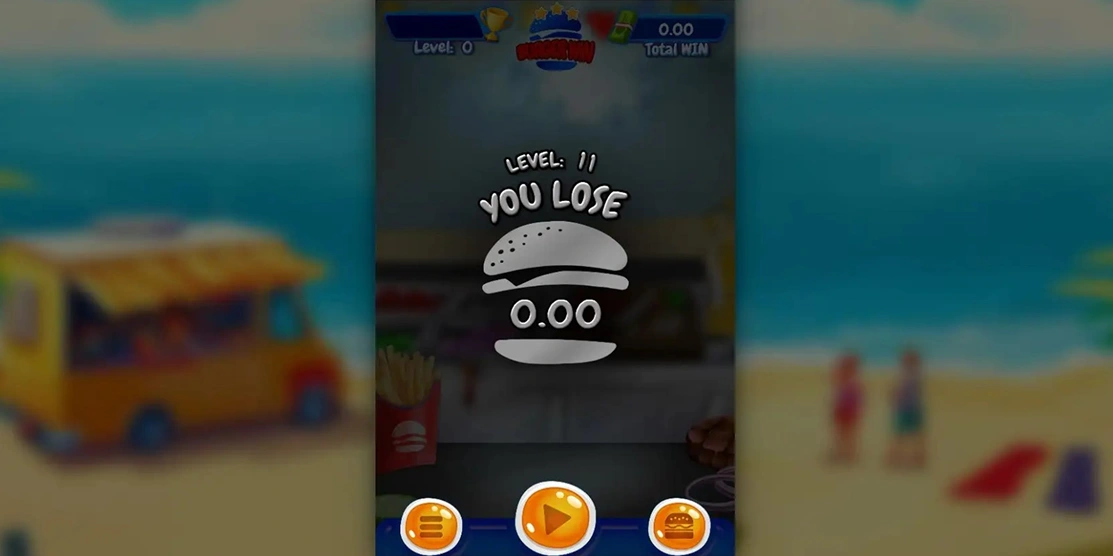 Burger Win ScreenShot 2 Pierde el juego.